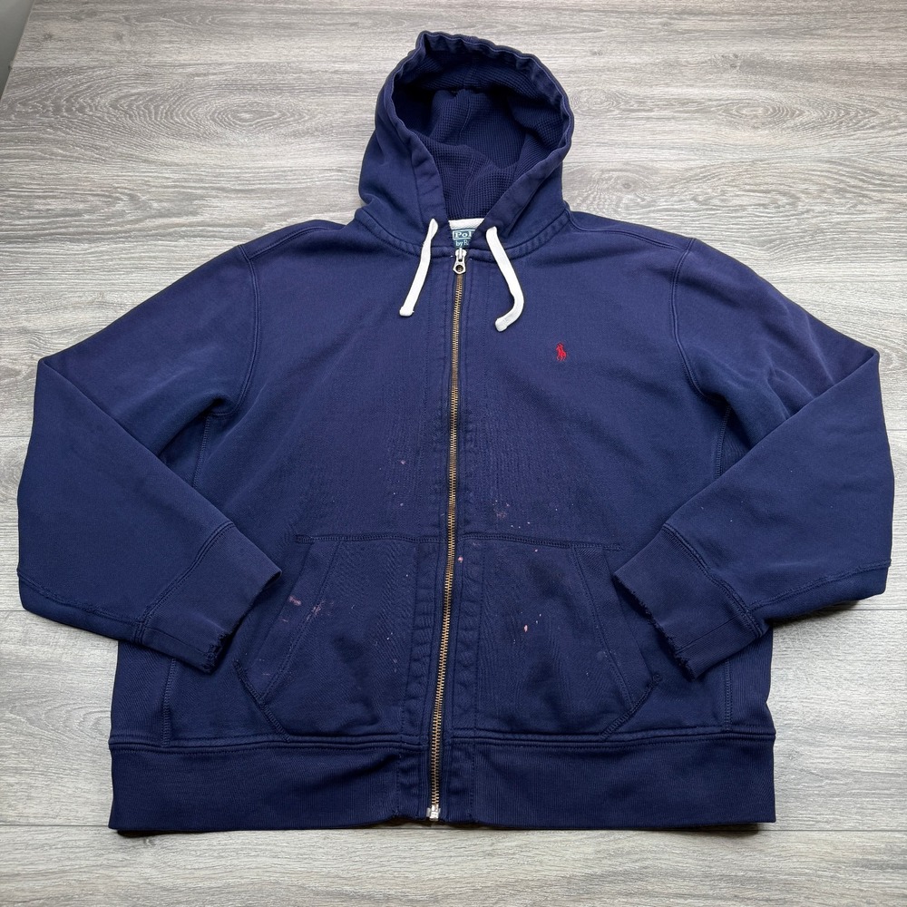 Polo Ralph Lauren Jacket Mens XXL Navy Waffle Knit Hoodie Pony Distressed VTG